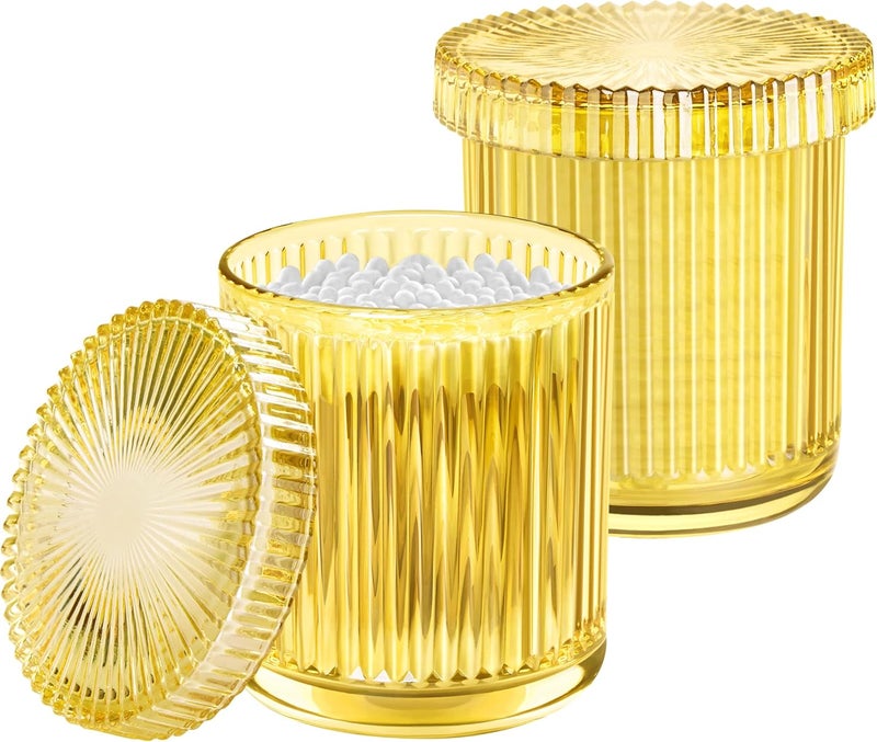 2 Pack Qtip Holder - Apothecary Jars with Lids, Bathroom Organizers and Storage Canister for Cotton Balls,Swabs,Floss Picks,Hair Ties,Clear Glass Vintage Bathroom Decor Jar Set (yellow)
